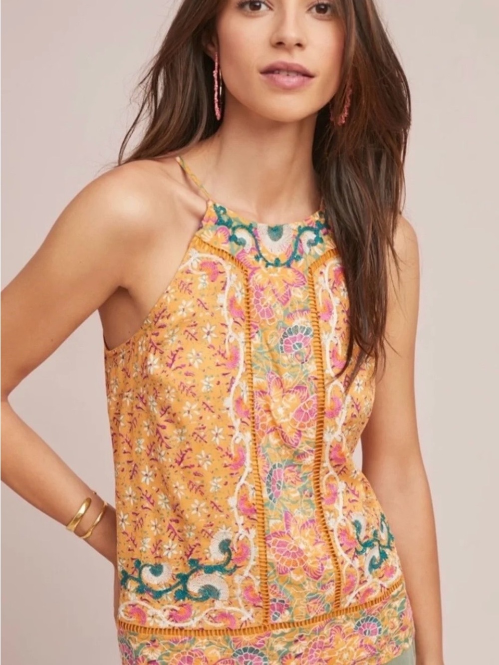 Anthropologie boho  Floral Embroidered   Sleeveless Top Yellow Size 0